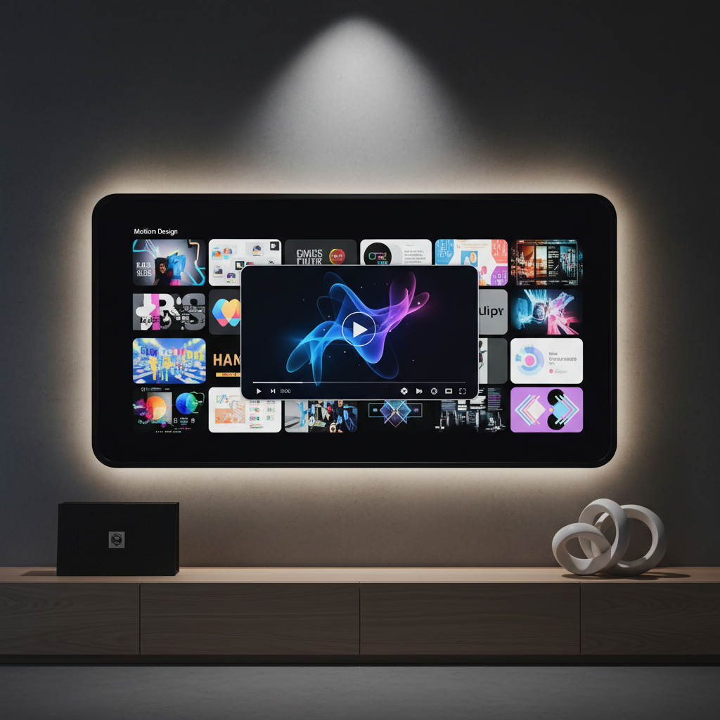 A large 4K display mounted on a neutral wall, showing a motion design reel interface: a grid of thumbnail frames with smooth rounded corners and a central video player paused on an abstract, animated UI transition. Below, a slim media console holds a single closed portfolio box and a minimalist sculpture suggesting motion through curved forms. Discreet LED strip lighting behind the display adds a subtle halo, while a single directional spotlight from the ceiling casts precise, controlled shadows. Shot from a slightly low angle to emphasize the screen, with sharp focus throughout and a cinematic, photographic realism. The atmosphere is gallery-like, refined, and quietly dramatic, highlighting motion design work.