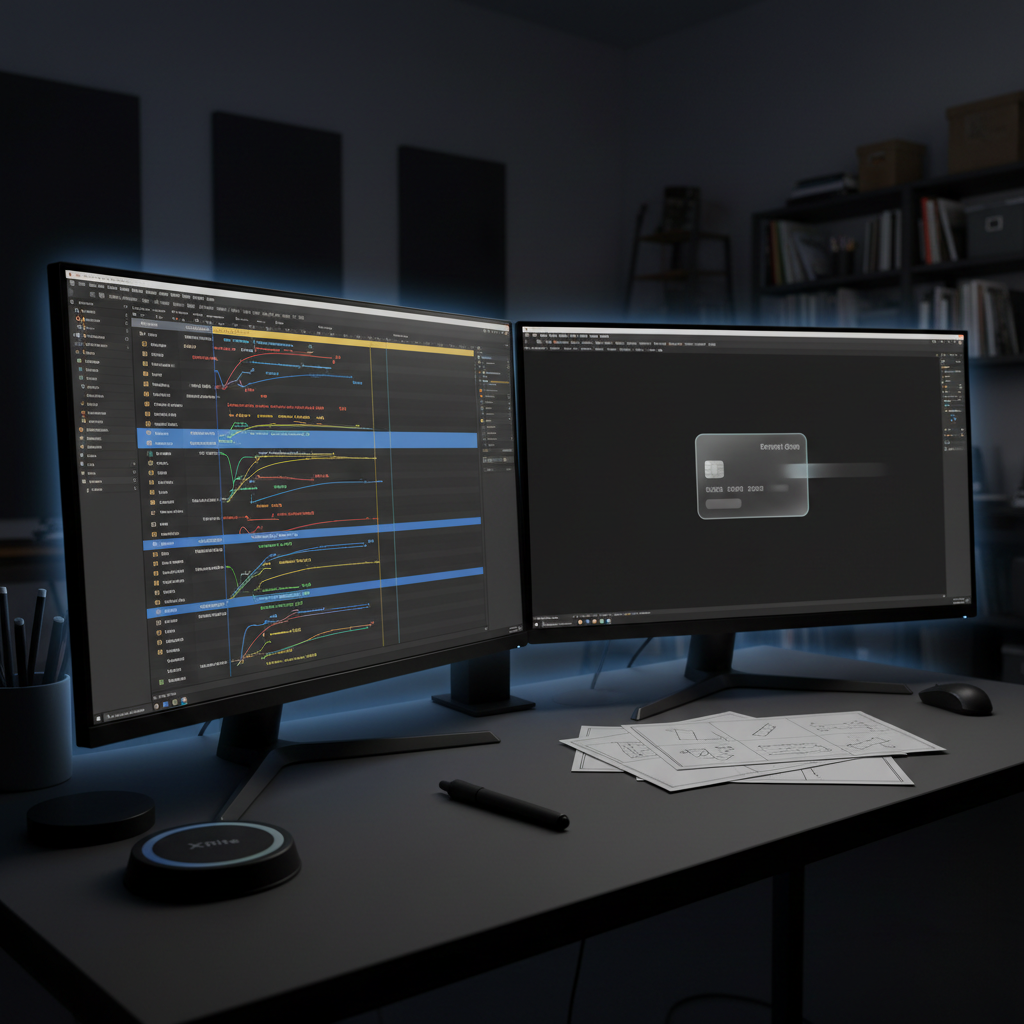 A dual-monitor workstation in a dim, refined studio environment, left screen showing a timeline-based motion design tool with keyframes for a complex UI animation, right screen displaying the final animated interface frozen on a smooth card-swipe transition. On the matte charcoal desk lie a pressure-sensitive pen, a slim color calibration device, and a neatly stacked set of storyboards sketched in clean black lines. Subtle, cool-toned LED backlighting outlines the monitors, while a single soft key light from the side sculpts the scene, casting gentle shadows. Captured at a three-quarter angle with medium depth of field, the photographic image feels cinematic and focused, emphasizing professional motion and interface design craft.